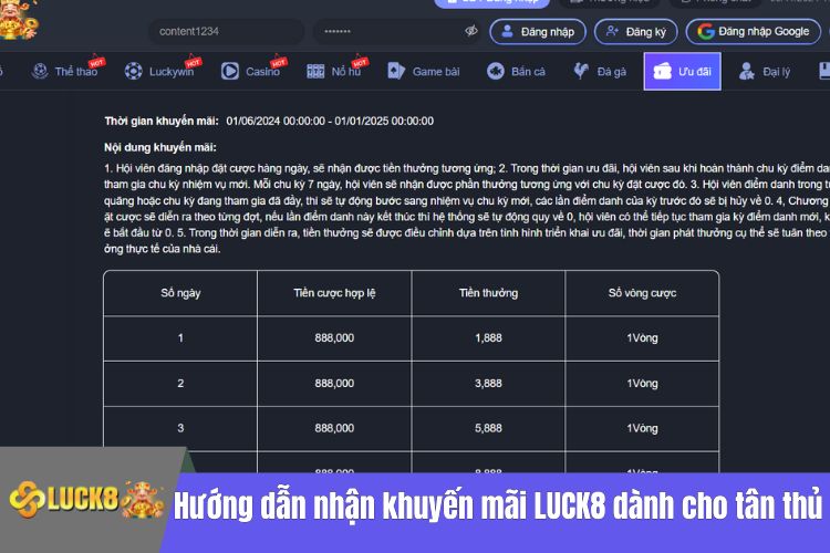 Hướng dẫn nhận khuyến mãi LUCK8 dành cho tân thủ